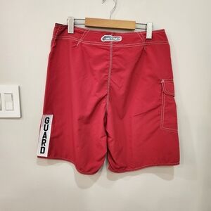 Original Watermen Lifeguard Shorts Mens 32 Red Nylon Drawstring Pockets Beach